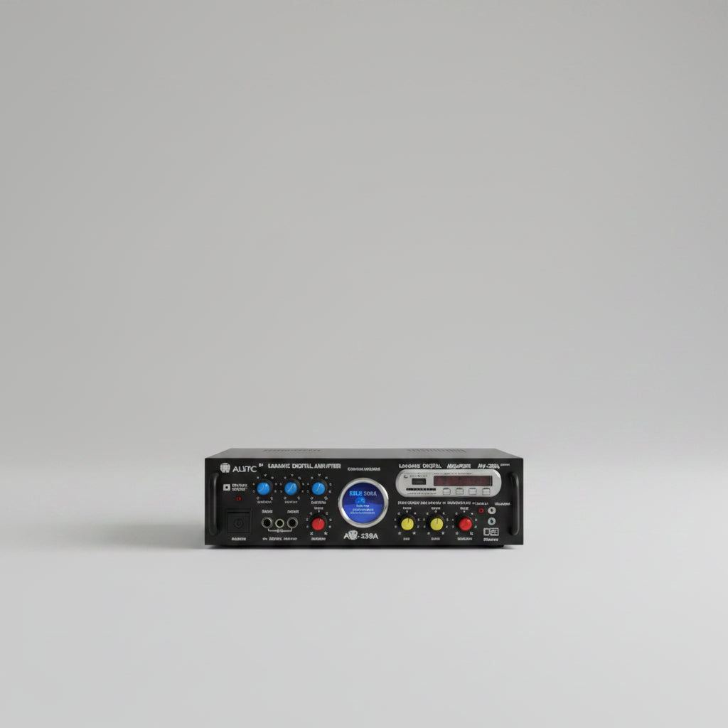 A black audio amplifier with various control buttons and ports, featuring Bluetooth connectivity.