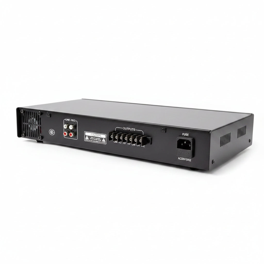Back view of a black electronic device with labeled ports on a white background