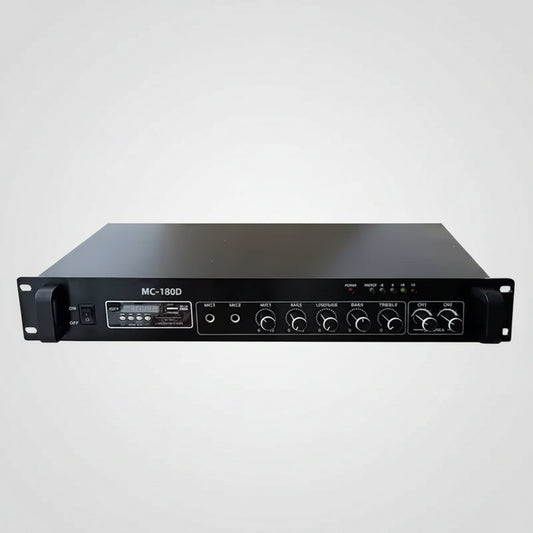 Black audio equipment rack with control panels on a white background
