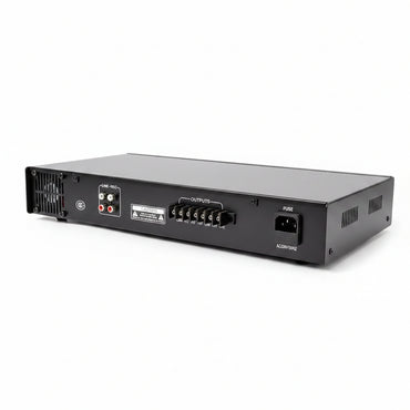Back view of a black electronic device with labeled ports on a white background